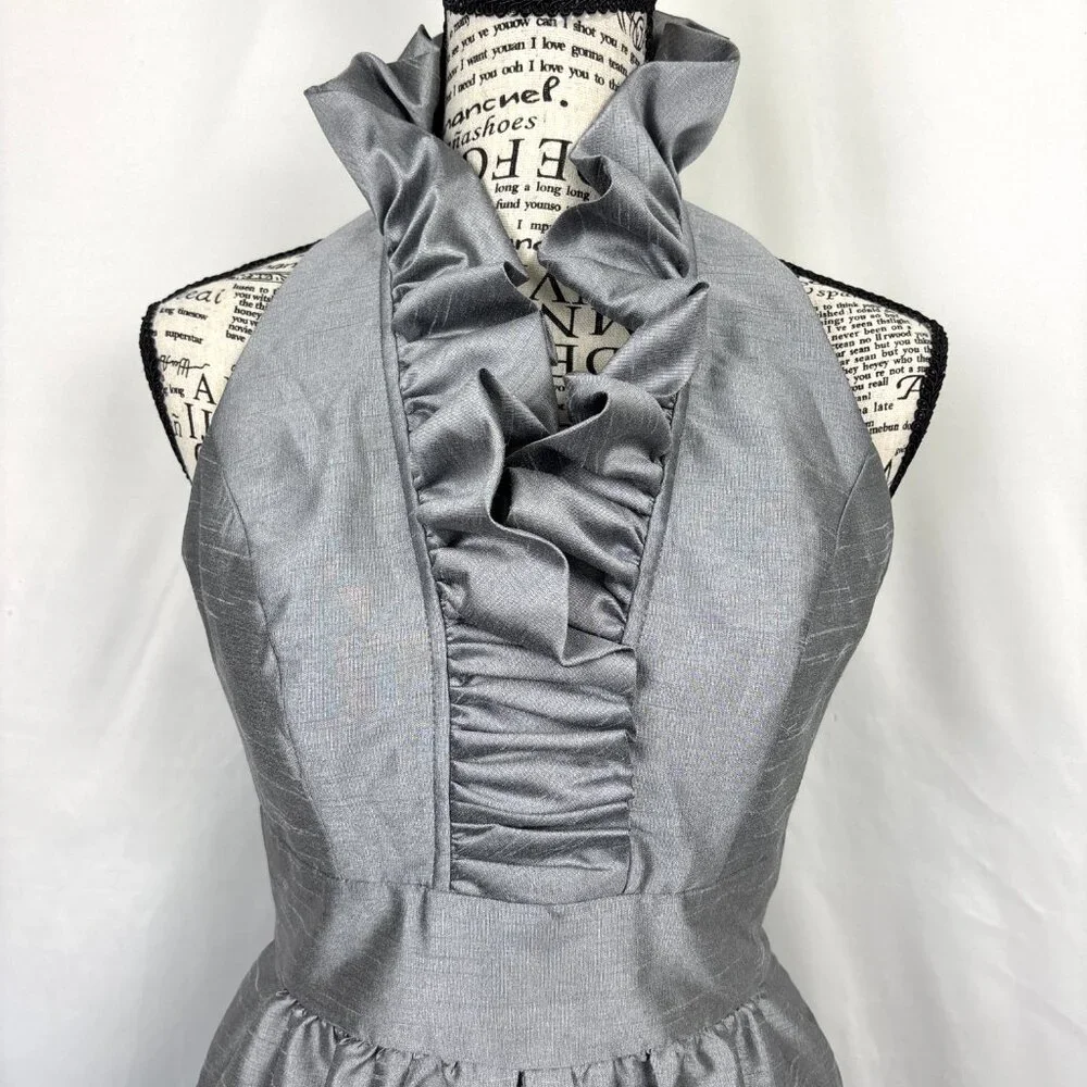 Alfred Sung Women’s Size 0 Silver Gray Halter Cocktail Dress Pockets Ruffle Neck